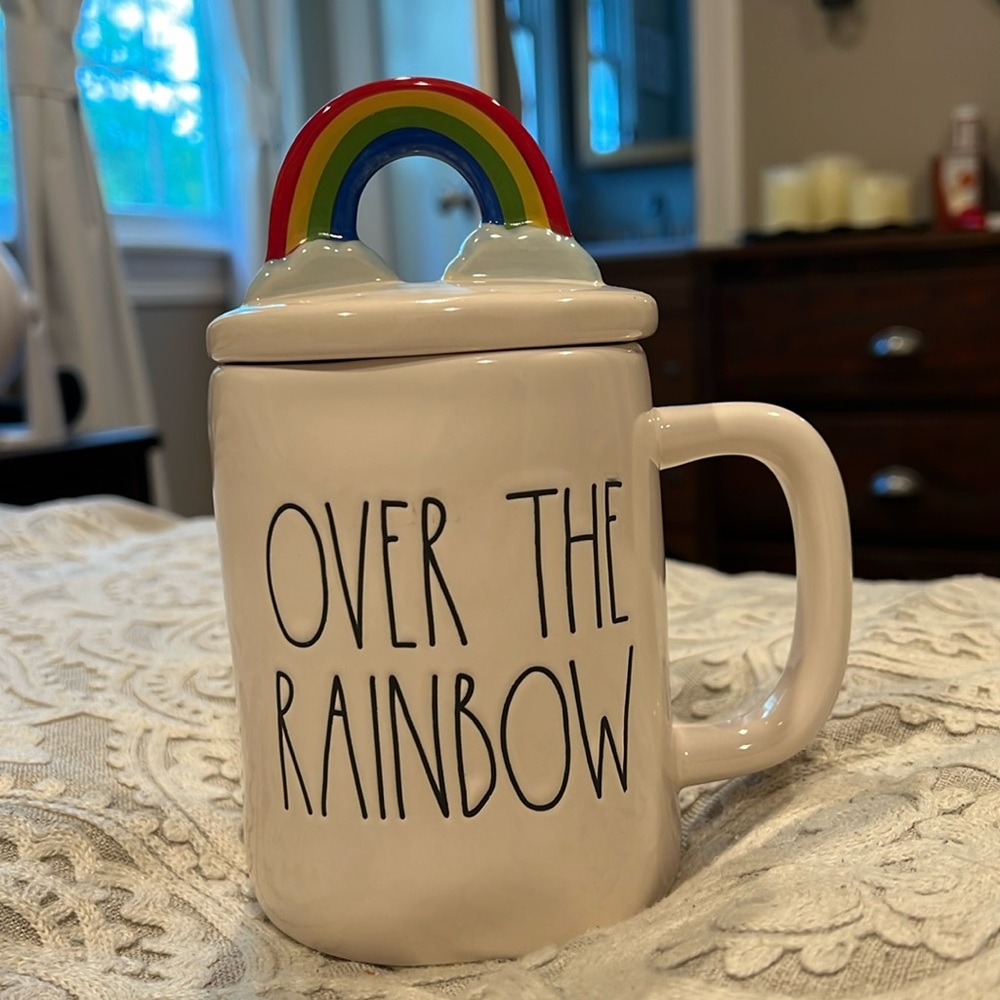 Rae Dunn “Over the Rainbow” mug with lid.